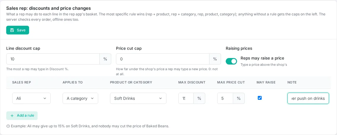Sales rep discounts and price changes